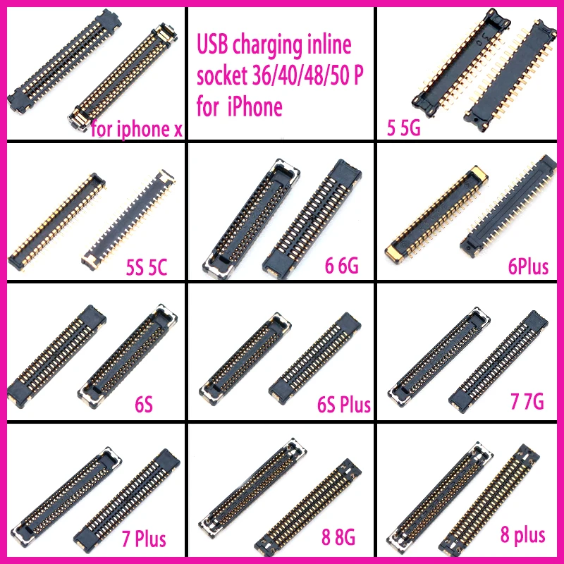 1PC USB Charging Port FPC Flex Cable Connector For IPhone 5 5G 5S 6 6G 6S 7 8 Plus X 36/38/40/48/50 Pin inline Connector 50P 38P