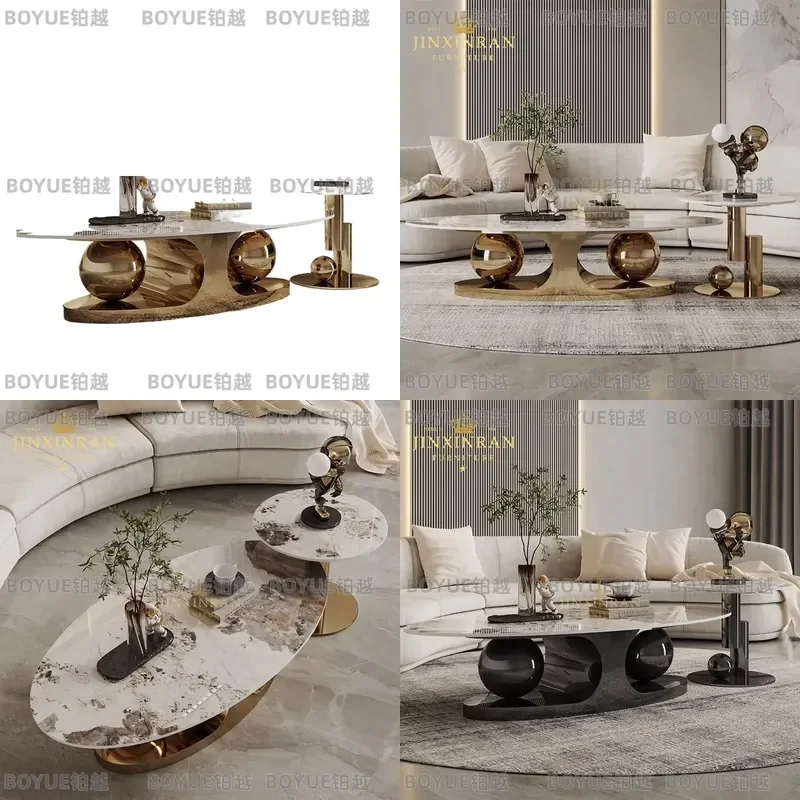 Nordic Modern Luxury Oval Coffee Table for Living Room White Sintered Stone Top with Gold Stainless Steel Frame