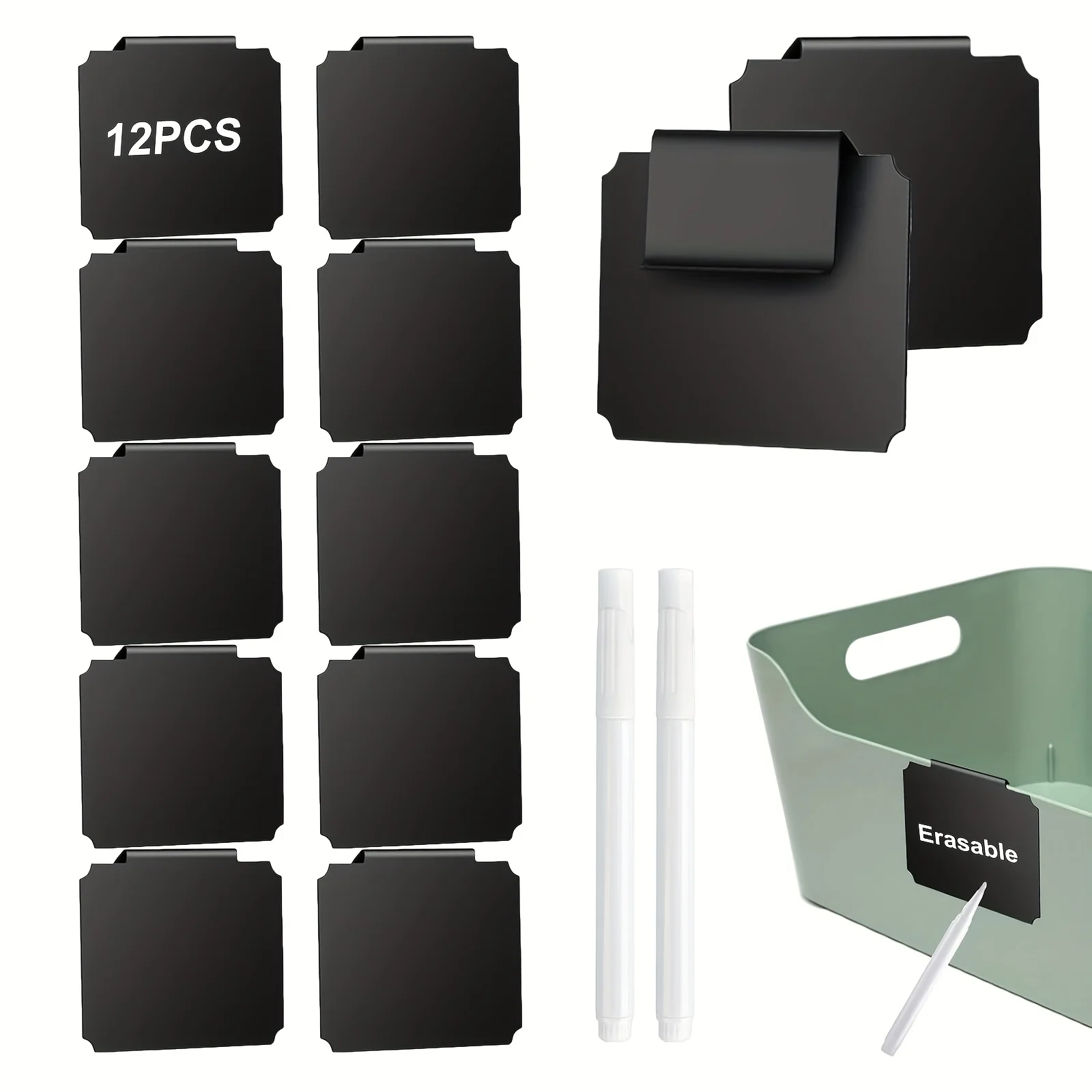 12 Reusable Clip-On Chalkboard Labels,Detachable Storage Box Tags,Suitable for Home Organization with 2 Markers pens