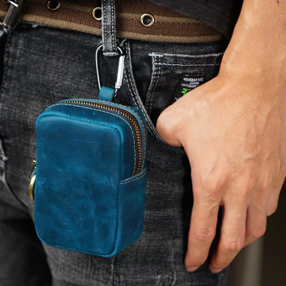 New Mini Leather Waist Pack Solid Color Waterproof Keychain Pouch Zipper Key Holder Hook Design Key Wallet Men's Accessories
