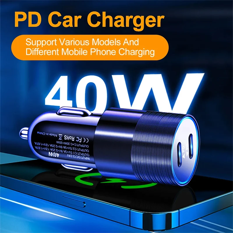 

40W Dual PD Fast Charging Car Charger Type C Adapter PD+PD Universal 12V 24V For iPhone 17 16 Pro Max For Samsung For Android