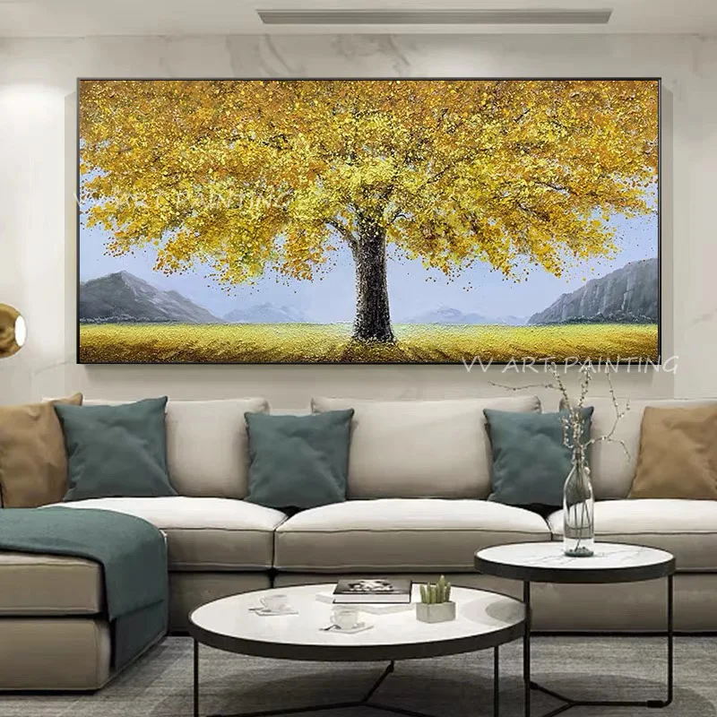 Heavy Impasto Tree Canvas Art, Palette Knife Golden Banyan Oil Painting, Handmade Scenery Wall Decoration For Home Entrance