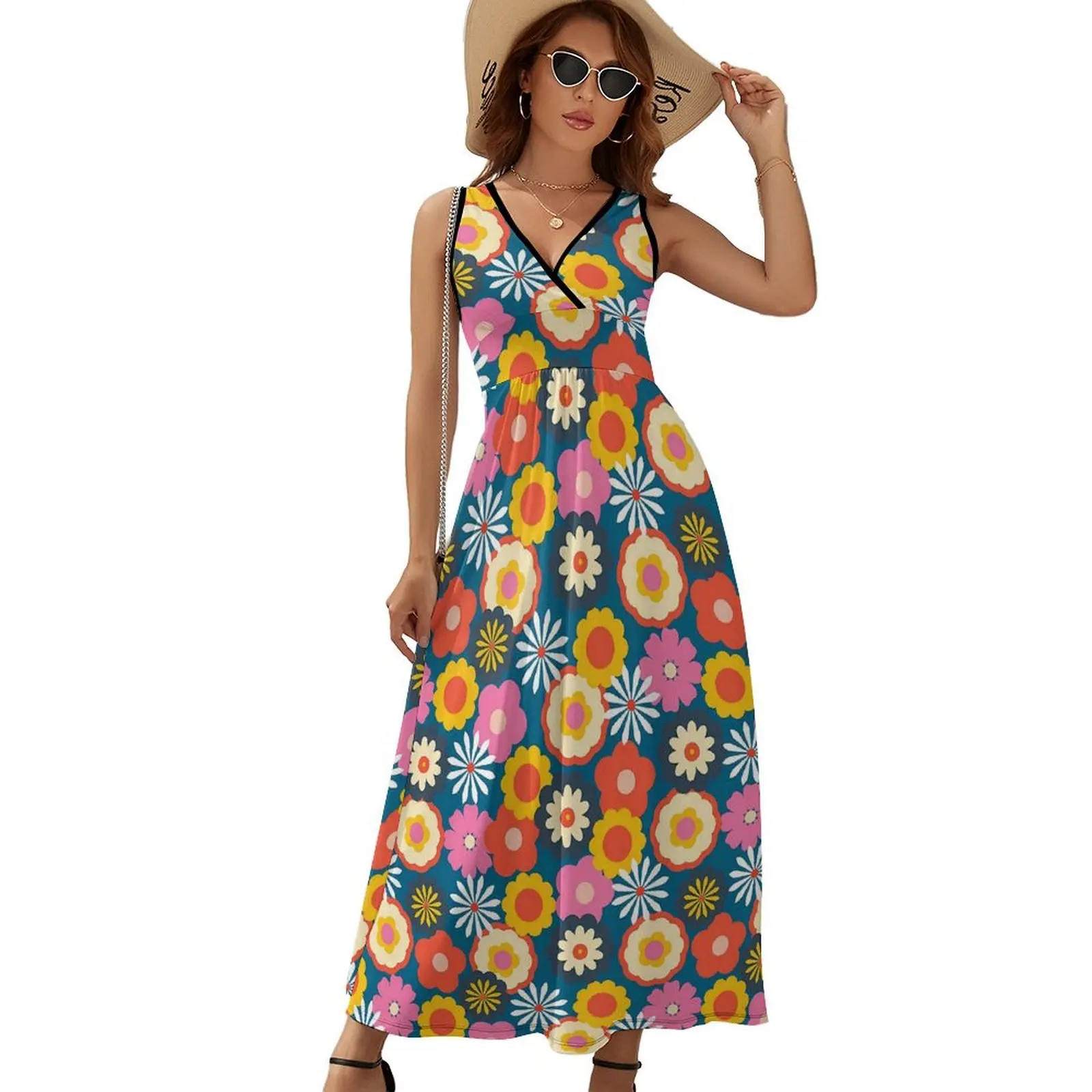 

Retro Flower Power Dress Daisies Print Cute Maxi Dress Street Style Boho Beach Long Dresses High Waist Custom Oversized Vestidos