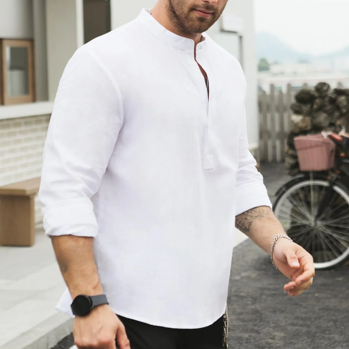 Men's Stand Collar Hemlock Half Door Long Swedish Shirt Pure Cotton Button Detail Iron-Free Thin Winter CleanFit Style  ... view 4