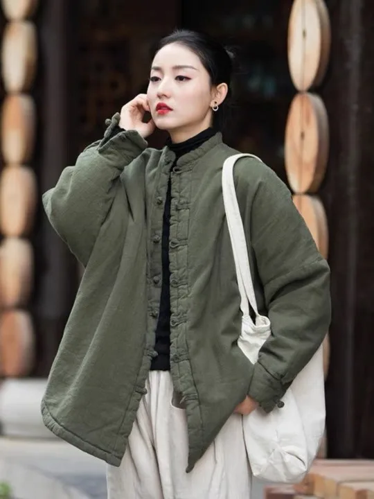 

Retro Sle Button up Cotton Jaet Mid-Length Oversized Fit Thiened Winter Coat Pure Color Commute Friendly Ladies Outerwear