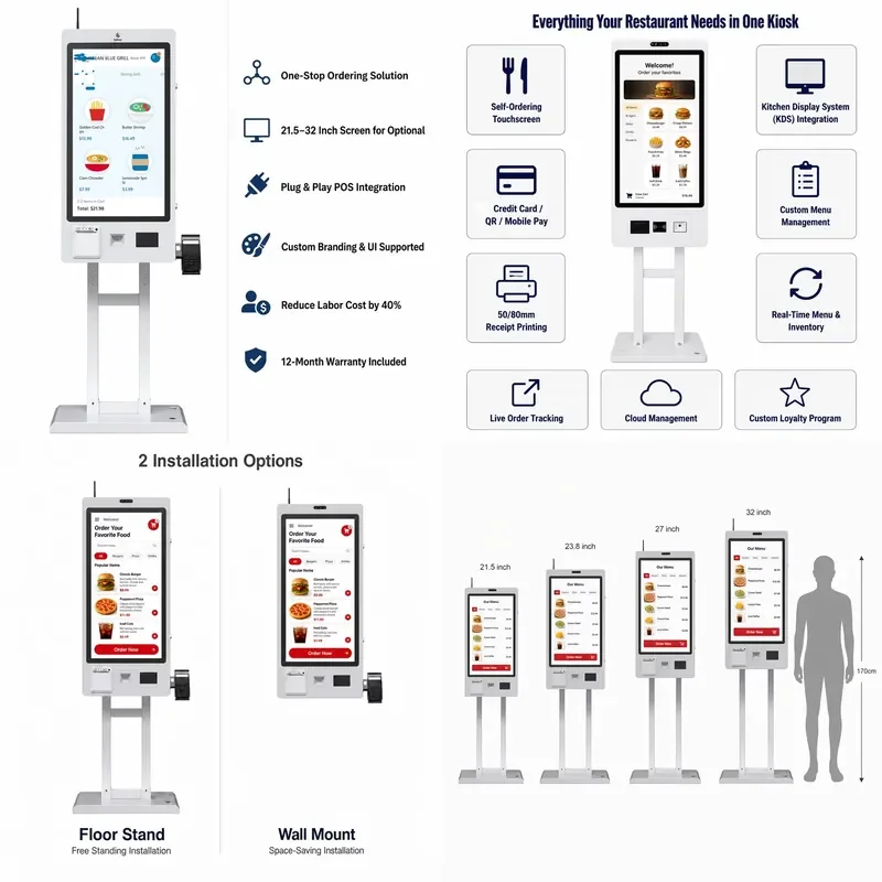 POS Terminal Holder Floor Stand or Wall Mount for Kfc McDonald Food Ordering Kiosks Self Service Payment Kiosk Restaurant