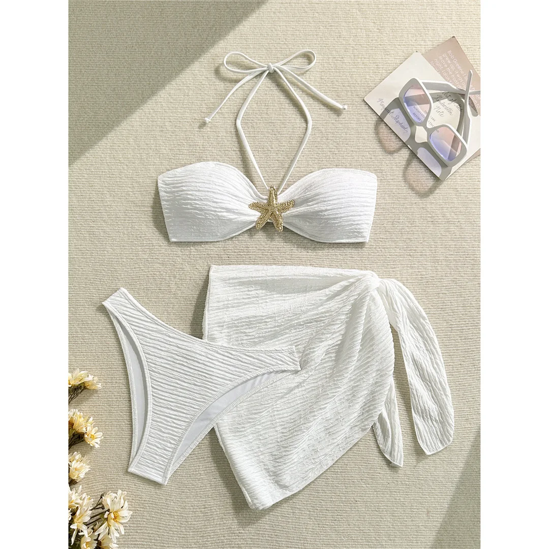 3-teiliges Set mit Sarong, Metallstern-Halterneck-Bikini, Damen-Badeanzug, Damen-Badebekleidung, dreiteiliges Bikini-Set, Badeanzug, Badebekleidung, Schwimmbekleidung V7042 – Detail 10