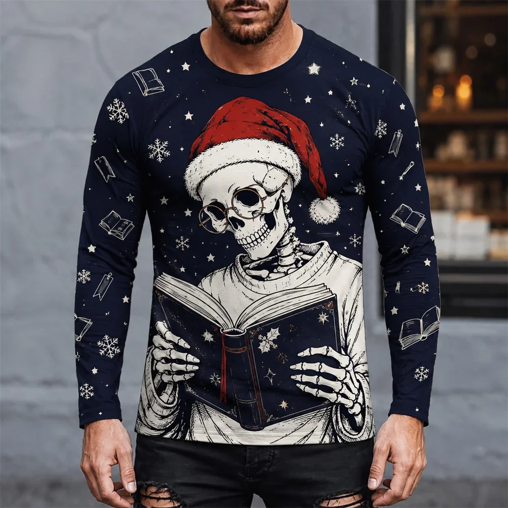 Funny Skeleton Reading And Baking Design Long Sleeve T-shirt For Men Halloween Christmas Round Neck 3D Print Streetwear New Tee