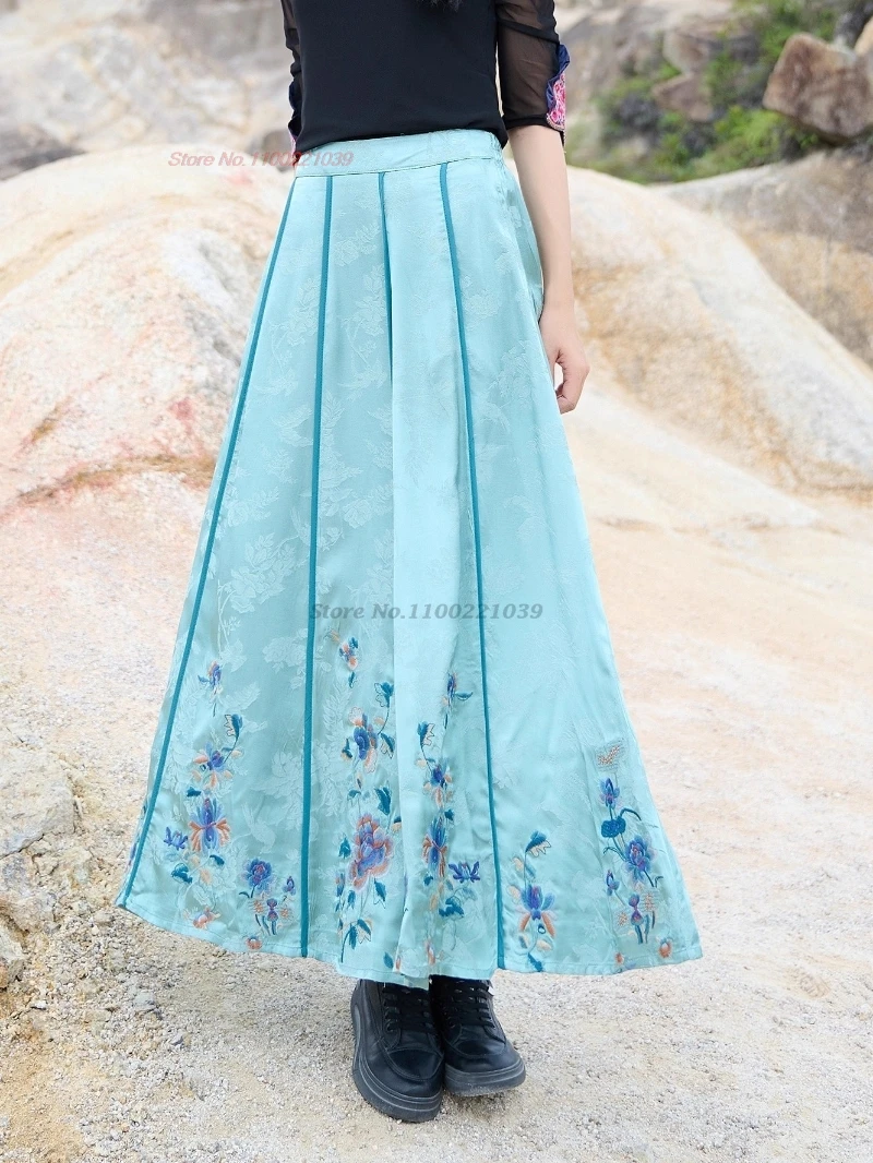 2025 китайская винтажная этническая юбка с цветочной вышивкой, традиционная атласная жаккардовая юбка с эластичной резинкой на талии, ретро-трапеция, народная юбка