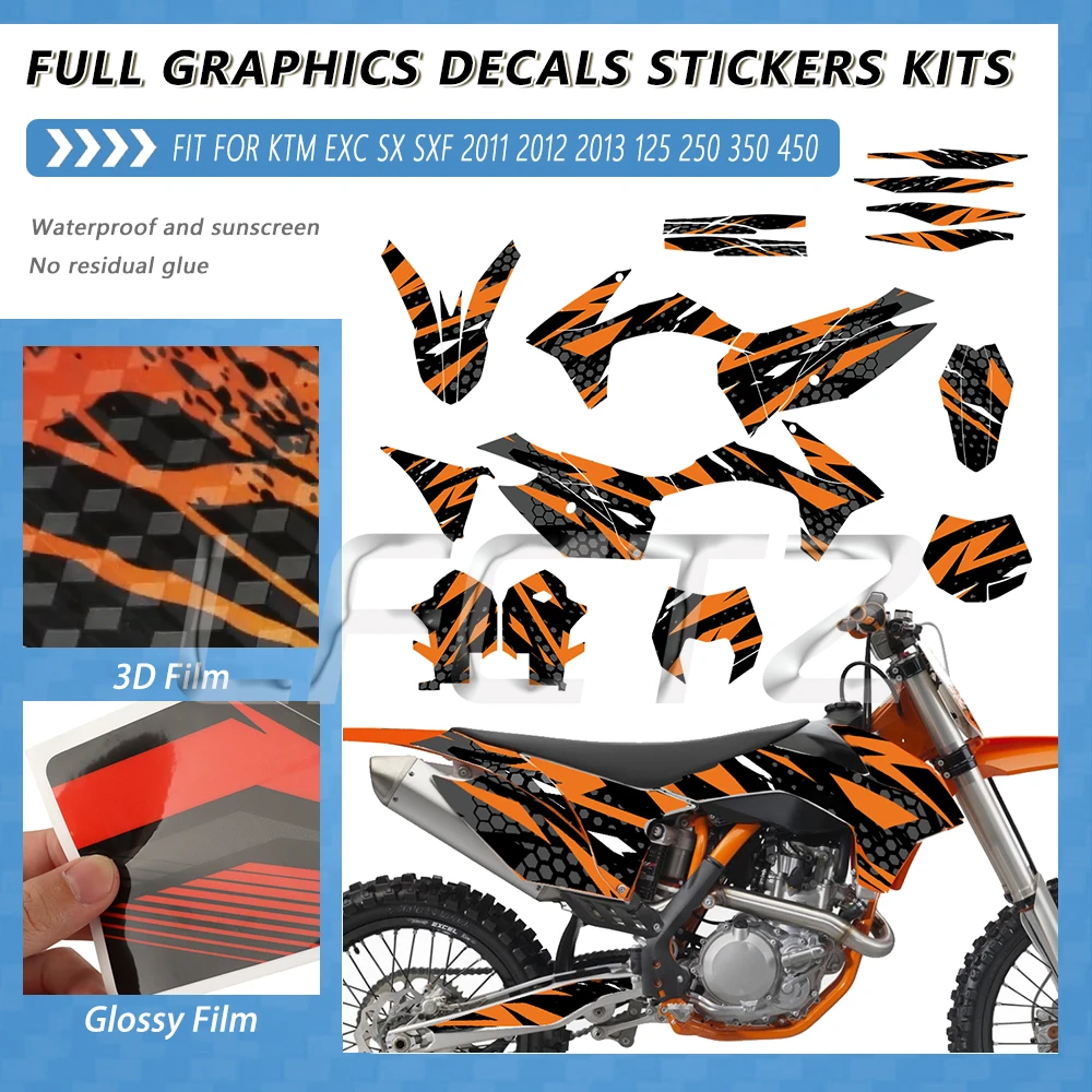 Full Set Graphics Decals Sticker Motocross Background Custom Number Fit for EXC EXC-F XCW SX SXF 125 250 300-450 2011 2012 2013