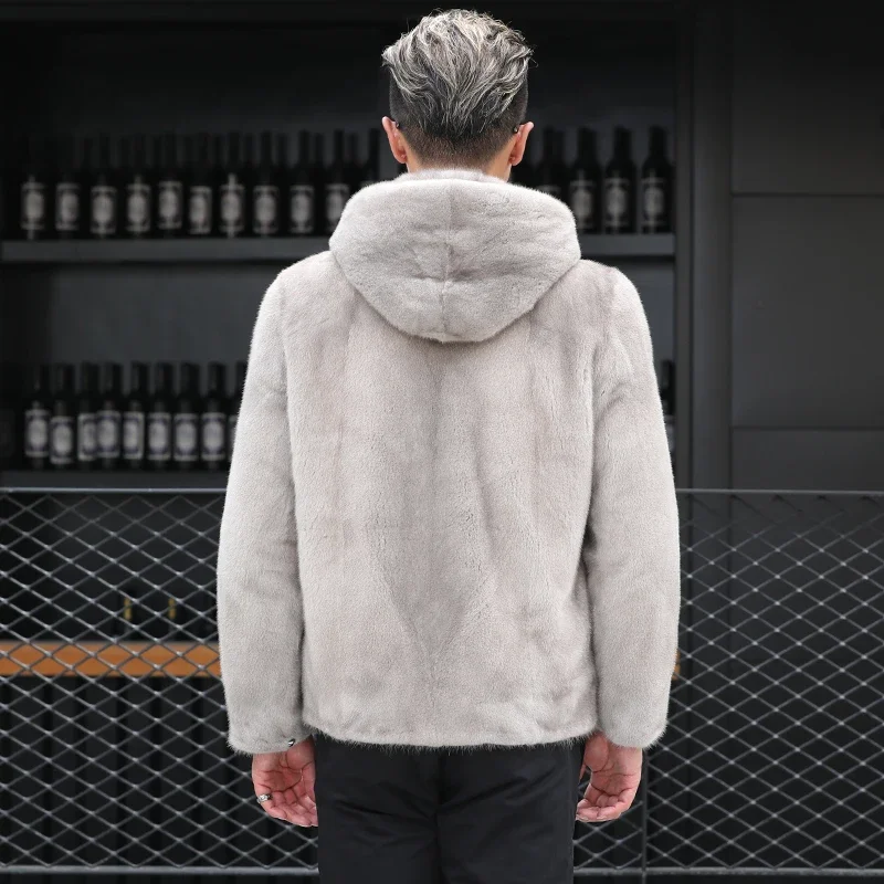 Silver Blue Natural Mink Fur Coat Men's Winter Hooded Real Fur Coats Male Short Whole Mink Velvet Fur Clothing Male Warm Clothes