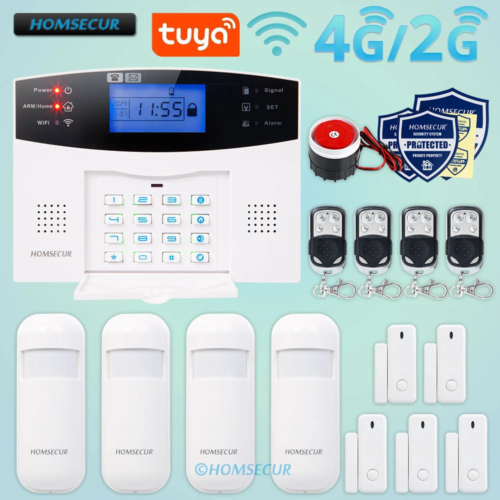 

HOMSECUR Tuya APP Wireless &Wired WIFI 4G GSM SMS Autodial Burglar Alarm Home Security System 433MHz PIR Door Sensor Small Siren