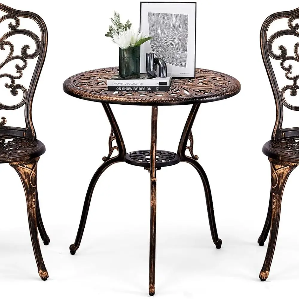 

Patio Table and Chairs Set, Cast Aluminum Outdoor Cafe Table and Chairs Set of 3, Stability Patio Bistro Sets with Umbrella Hole