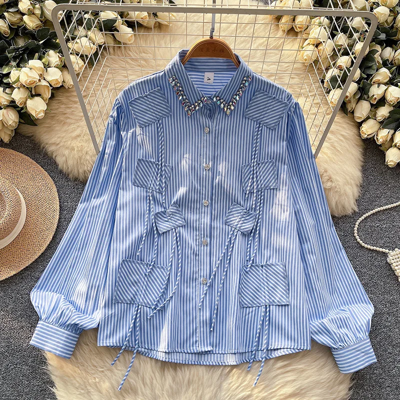 Women's Autumn Shirt French Diamond Studded Lapel with Single Breasted Stripes Loose Versatile Casual Patchwork Pocket Top BL041