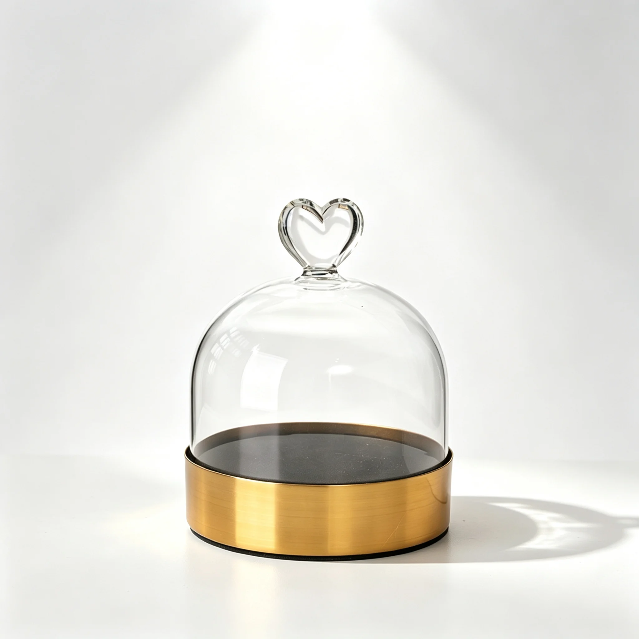 Glass Cloche Bell Jar with Heart‑Shape Handle Golden Metal Base Clear Display Dome for Preserved Eternal Flower Figurine Crafts