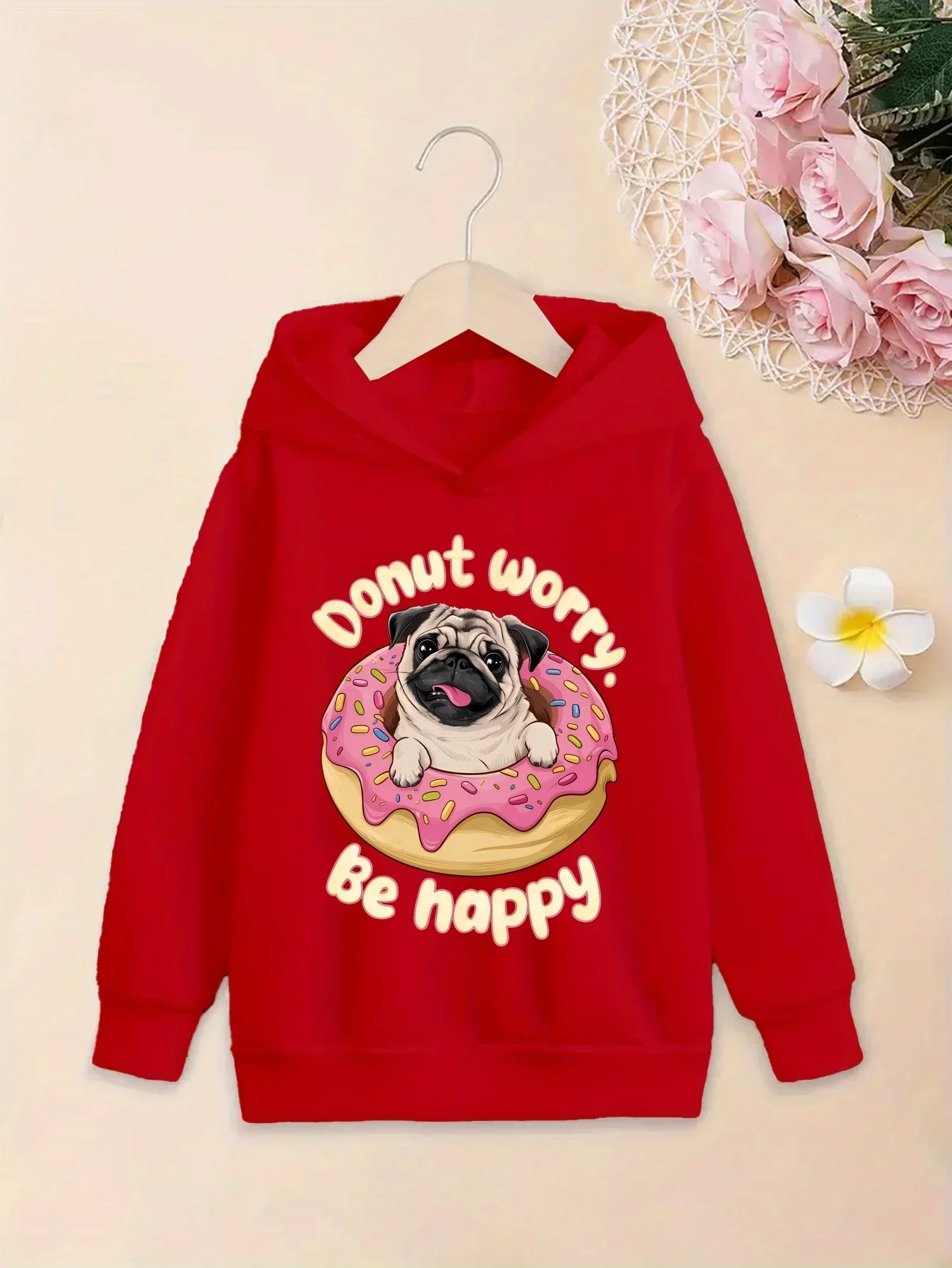 Children Cartoon Pug Graphic Hoodie Sweet Donut Letter Print Pullover Autumn Winter Fleece Warm Lovely Kids Hooded Sweatshirt