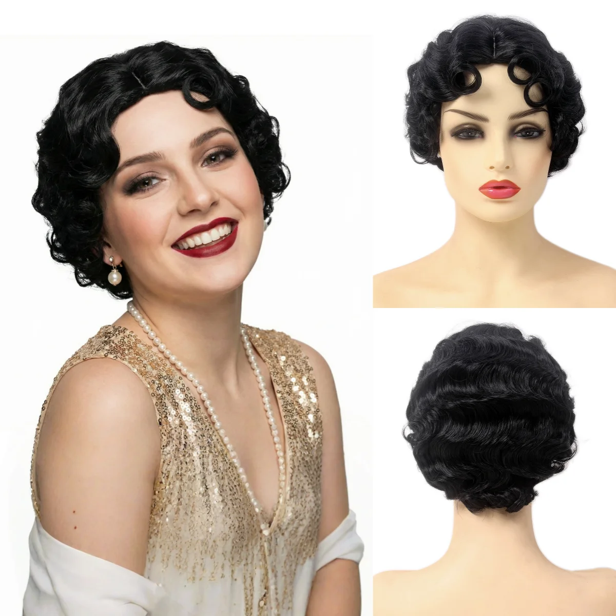 REEWES 1920s Short Finger Wave Wigs With Oblique Bangs The Great GastbyCosplay Betty Costume Synthetic Hair Halloween Party