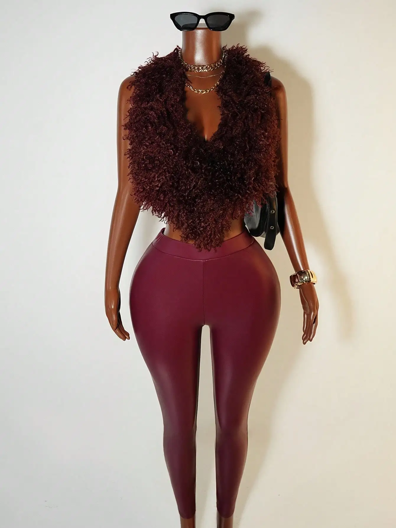 Set top senza schienale e leggings a vita alta da donna sexy pelosi con scollo all'americana - Borgogna