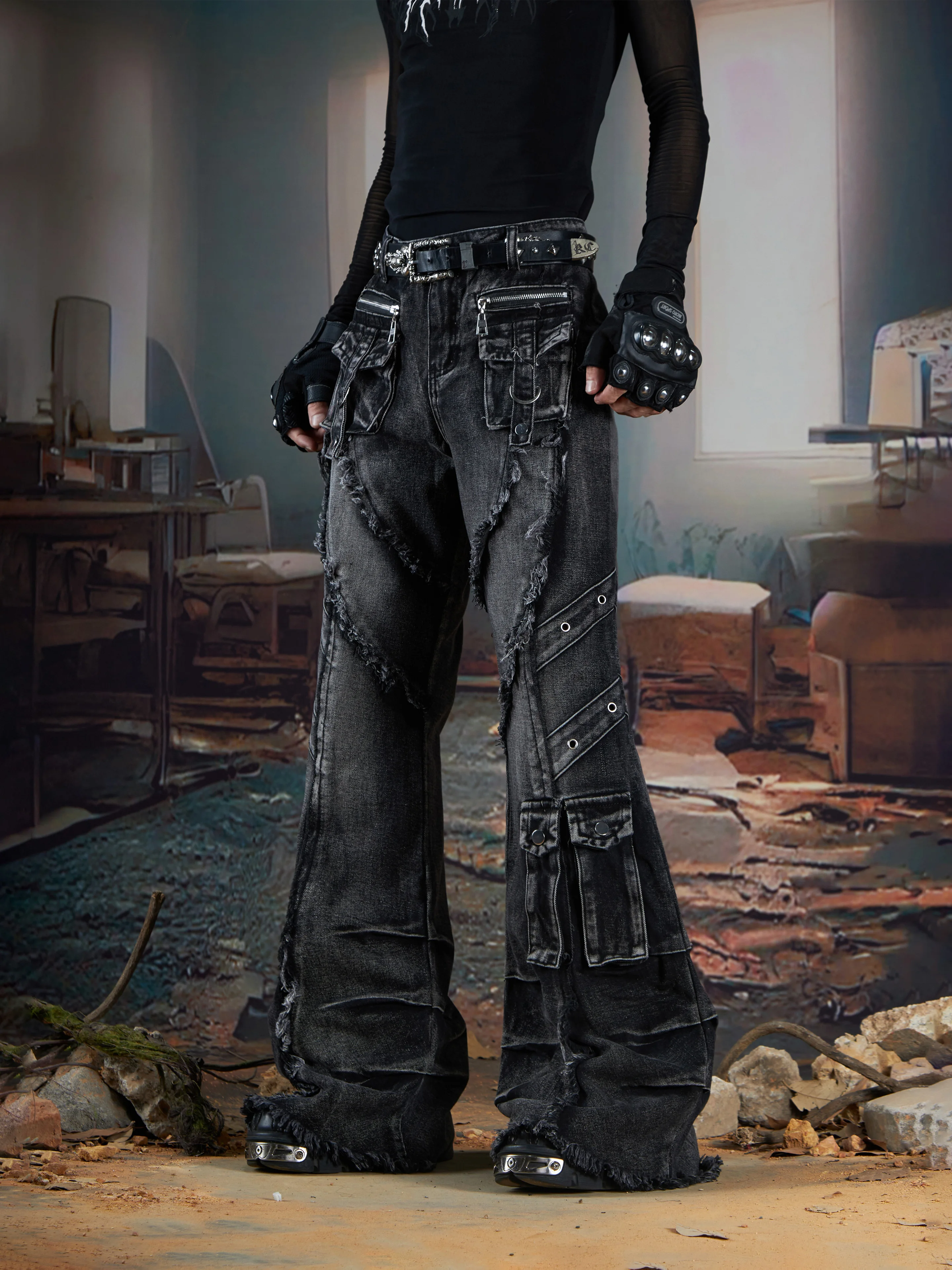 Design Dark High Street Super Heavy Industry Deconstructs Multi-Pocket Stitching Pinch Pleated Bootcut Trousers Jeans