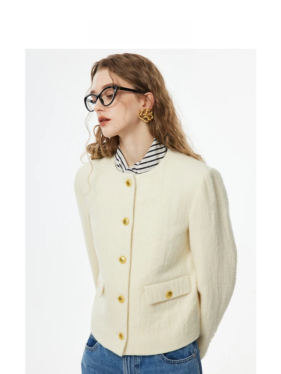 

Havehas Spring Autumn Healing Cr White ort Coat Women's Ele Gold Button Wool Top Commute Sle round Ne Long Sve