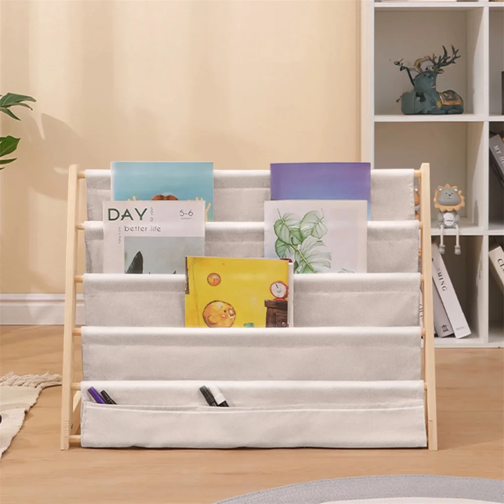 

Kids Bookshelf 4 Tier Wooden and Canvas Kids Bookcase Sling Rack Bookshelf Kids Toddler Bookshelf for Playroom Bedroom Nursery