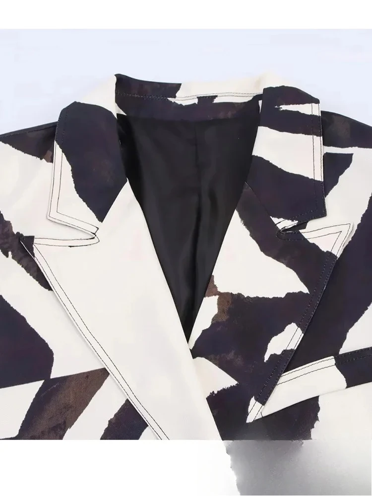 KONDALA Office Lady Stampa Abito con scollo a V Tasche con bottone singolo Giacca allentata Pantaloni con cerniera allentata Nuova moda 2025 Set femminili autunnali