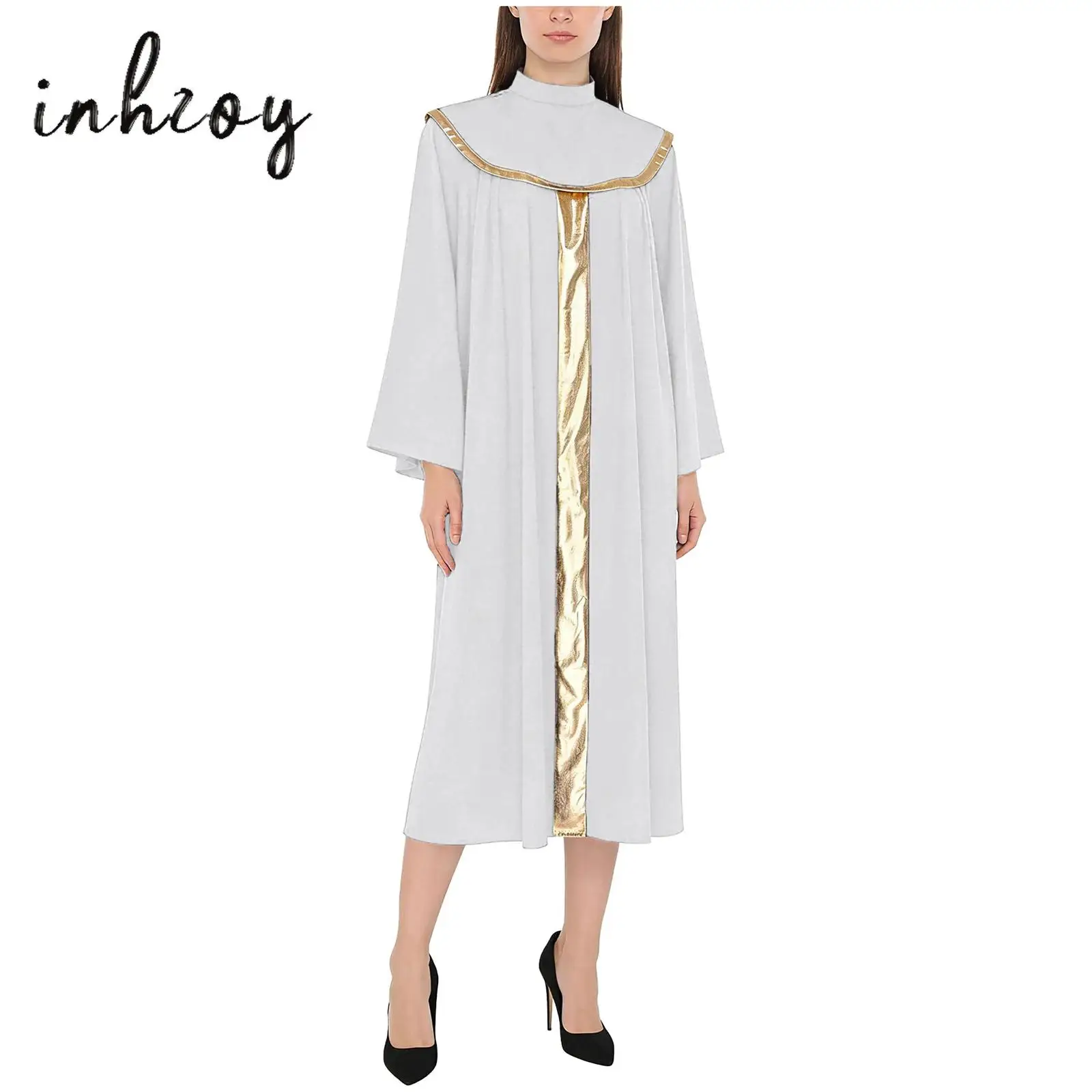 

Womens Church Choir Robes Metallic Shiny Patchwork Collar Overlay Flared Long Sleeve Cassock Dress for Priest Cleric Cosplay