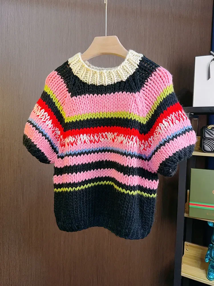 Multicolor Striped Handmade Jumper Sweet Rainbow Wool Blended Color Block Knit Tee Short Sweater Autumn/Winter Woman Knitwear