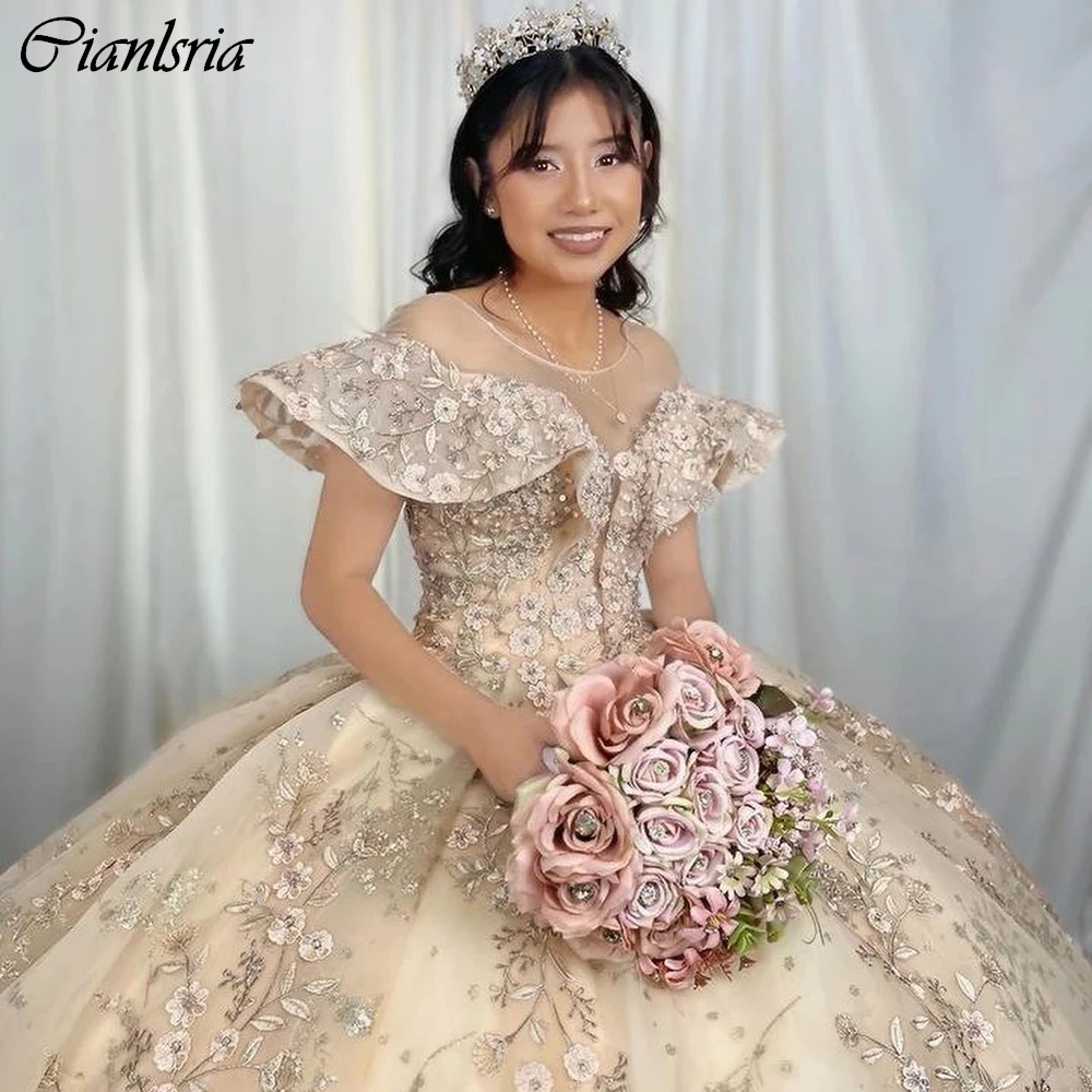 

Champagne Illusion Ruffles Ball Gown Quinceanera Dresses Crystal Sequined Floral Appliques Lace Corset Vestidos De 15 Años