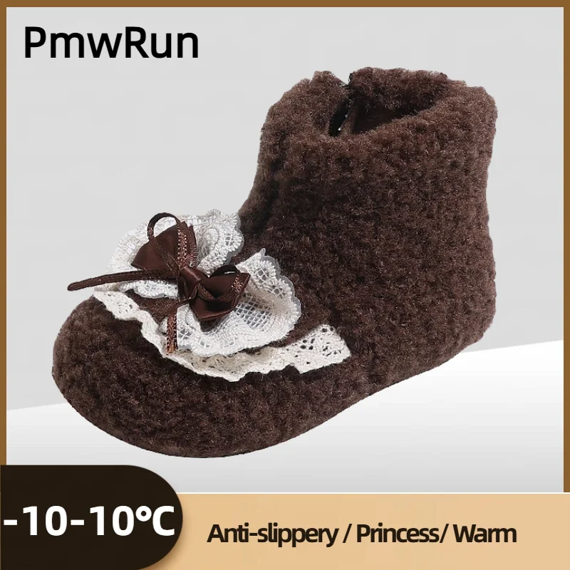 

Faux Fur Winter Boots For Girls Korean Style Lace Bow Girl's Plush Boots Anti-slippery Kid's Princess Snow Boots Warm Boots Kids