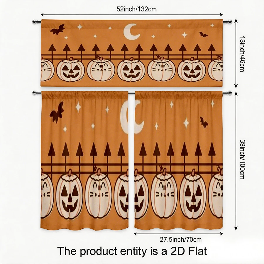 Halloween Fall Kitchen Curtains, Orange Pumpkin Fence Moon, Digital Print, Kitchen Dining Room, Rod Pocket Polyester, Home Decor
