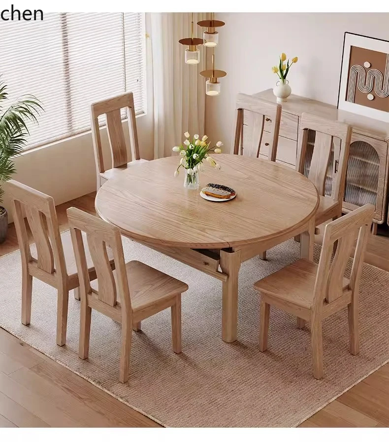 Mesa de comedor y silla de madera maciza de fresno HT, combinación de mesa de comedor para el hogar con plato giratorio