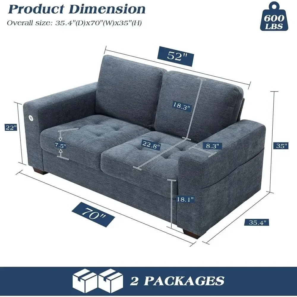 Chic Chenille Loveseat Sofa Set, Compact Sofa, 3-Seat Couch, USB Ports, Removable Cover, Solid Wood, Easy Assembly, 70 Blue