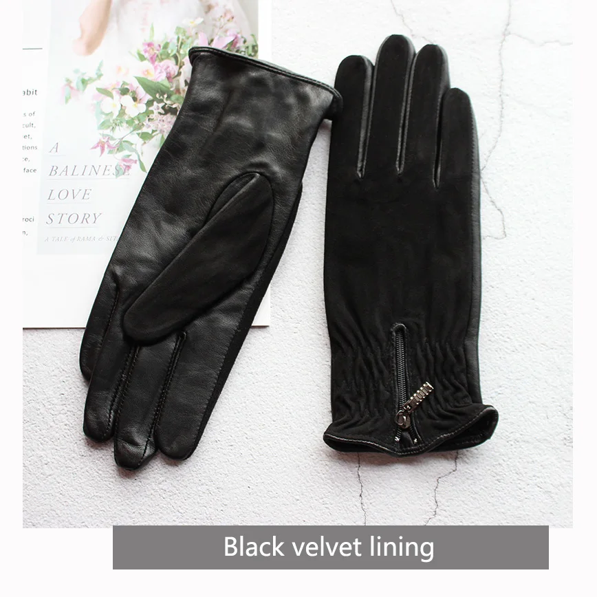 Winter Warm Sheepskin Women\'s Colorful Genuine Leather Touch Screen Fashion Zipper Velvet Lining Cold resistant Finger Gloves