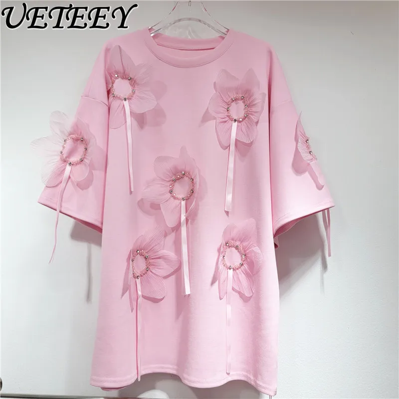 Kawaii Sweet Pink Round-Collar Mid-Length T-shirt Dress 2024 Summer New Fashion 3D Flowers Beaded Loose Oversized Tshirt Top