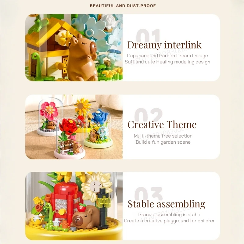 كابيبالا المناظر الطبيعية اللبنات المنزل الحلي الحبيبية الصغيرة تجميع اللعب عباد الشمس توليب الوردي زهرة أبدية نموذج هدية