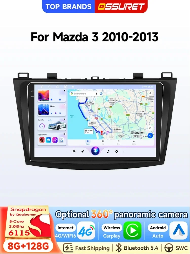 OSSURET Bestseller 2 Din 9 Zoll Android 14 GPS-Navigation Autoradio für Mazda 3 2010 2011 2012 2013 Haupteinheit mit Snapdragon 6115 Wireless CarPlay Android Auto SWC Octa-Core DSP Audio 4G WiFi