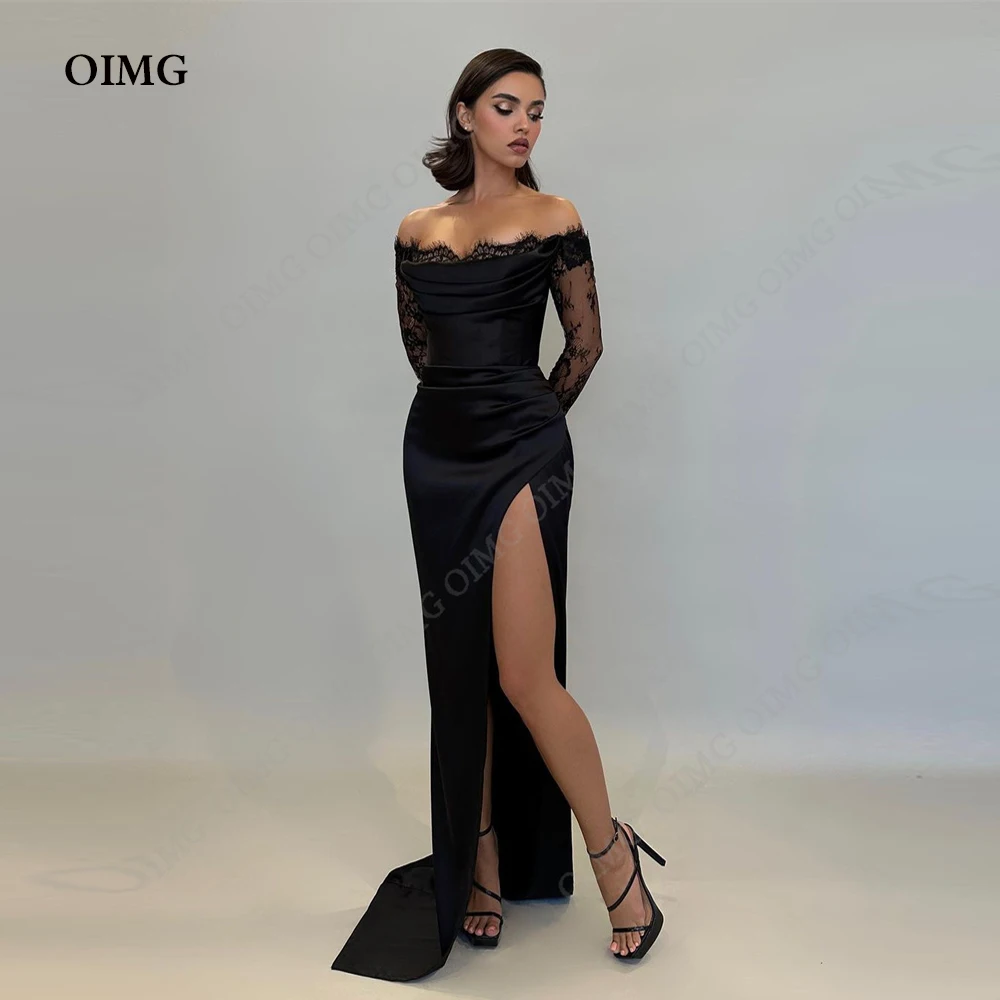 OIMG Black Prom Dresses Lace Side Slit Women Wear Satin A Line Dubai Evening Party Formal Cocktail Long Occasion Gowns 2024