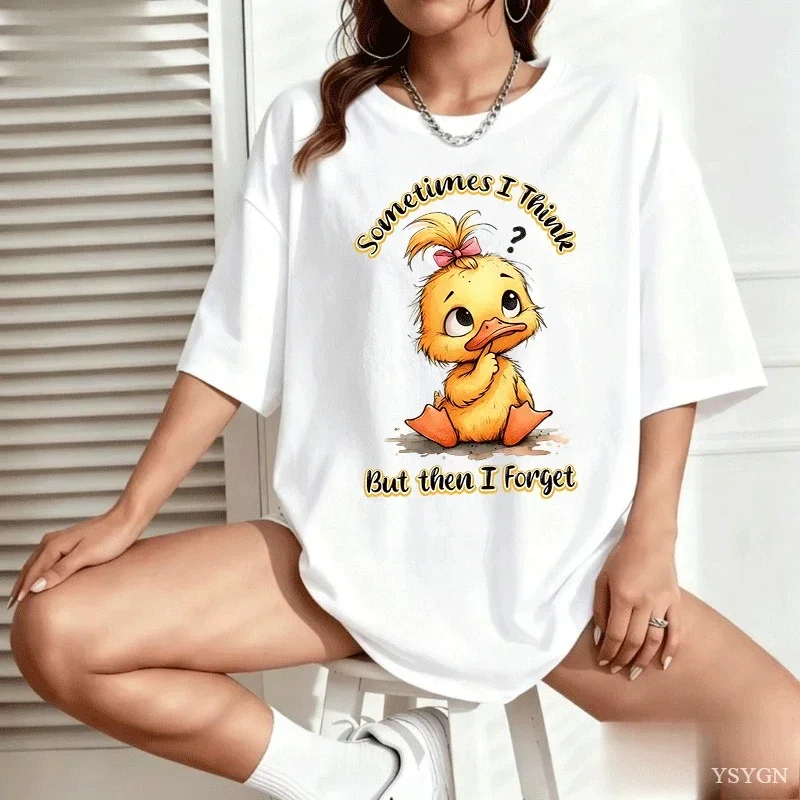 Ladies Tee Cute Yellow Baby Duck with Pink Bow Funny Quote Vintage Watercolor Cartoon Graphic Short Sleeve Casual Women Top