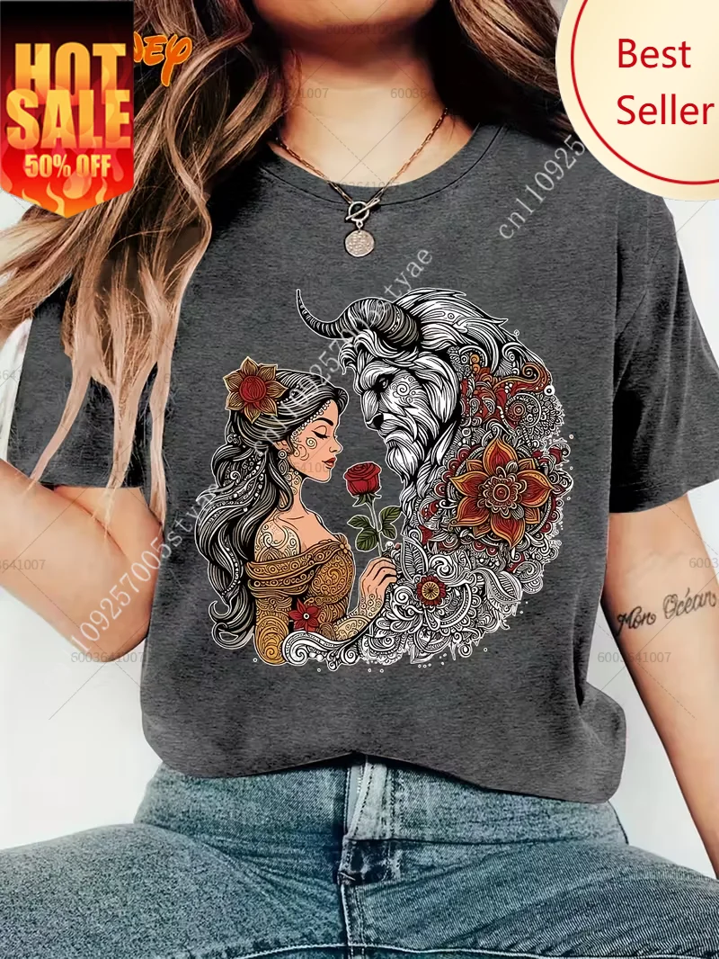 

Disney Beauty and The Beast Princess Women Men Cotton T Shirt Tee Unisex Short Sleeve Oversized Casual Couple Streetwear Vintage
