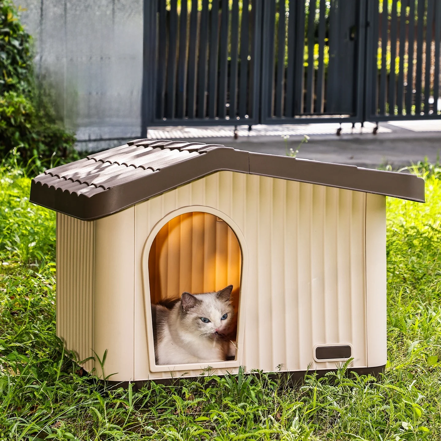 通気性のある猫ハウスヴィラ-小型犬と猫用-屋外雨よけオールシーズン対応-ユニバーサルペットホーム-快適な猫シェルター
