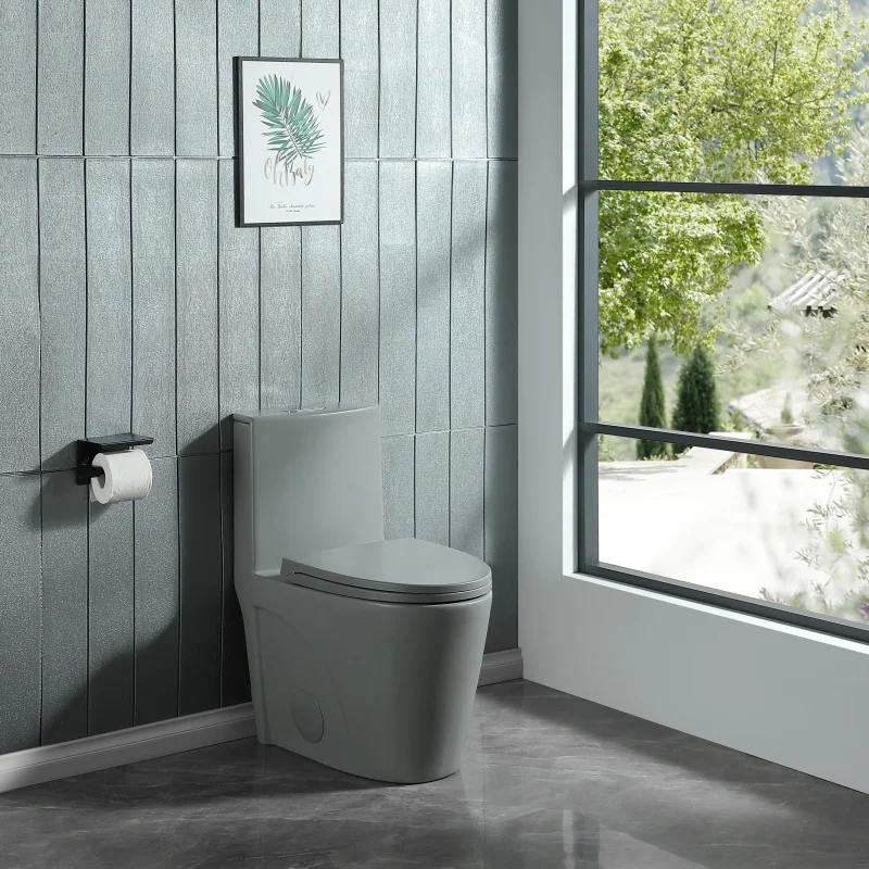 

Modern One-Piece Grey Floor Toilet with Siphon Flush Water-Saving Ceramic Toilet with Elongated Soft-Close Seat for Bathroom
