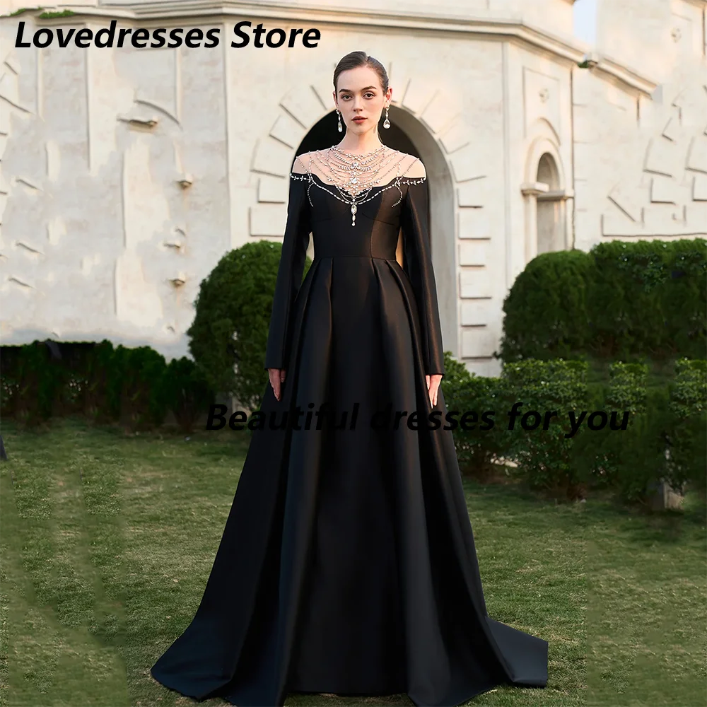 

Luxury Crystal Beadings Plus Size Ruffle A-line Sweep Train Formal Party Dresses Black Satin Evening Dress Customized Prom Gowns