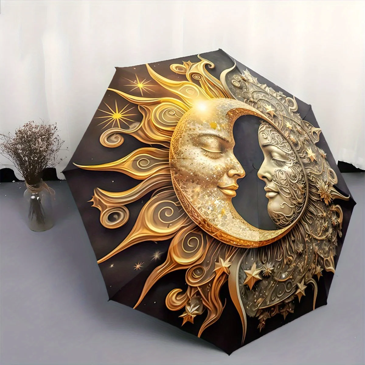 

Автоматический зонт с золотыми солнцем, луной и звездами - элегантный небесный дизайн, портативный складной зонт с 8 спицами.