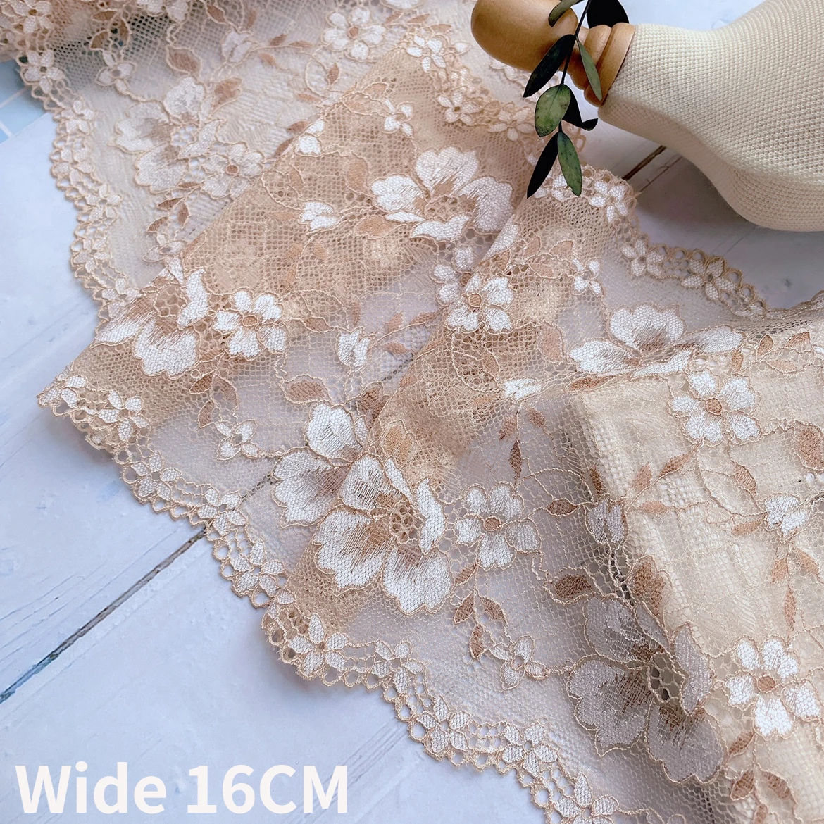 16CM Wide Light Coffee Tulle Mesh Floral Stretch Lace Embroidery Ribbon Clothing Scarf Dress Hemlines DIY Sewing Apparel Fabric