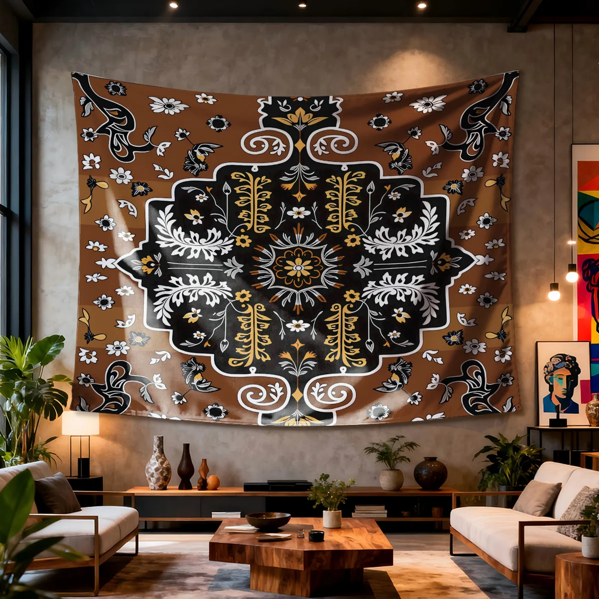 Vintage Bohemian Wandteppich, braun-schwarz-weißer Blumen-Paisley-Mandala-Kunstdruck-Wandbehang, elegante Dekoration für Wohnzimmer und Schlafzimmer