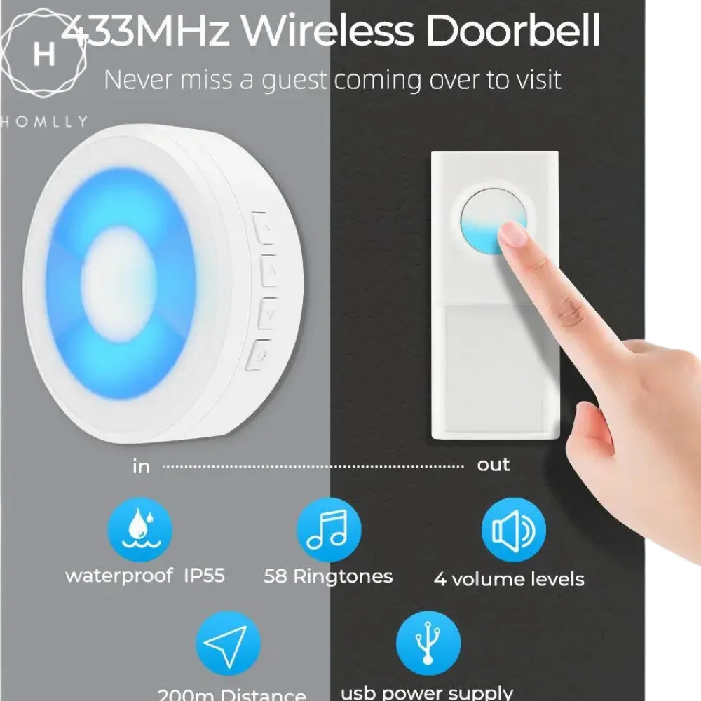 Homlly IP55 Wireless Waterproof Home Doorbell With 58 Melodies