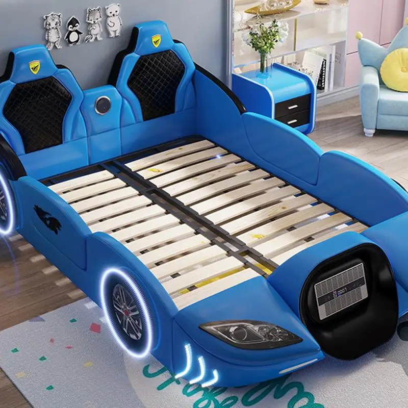 Cama infantil de madeira maciça multicolorida com guardrail, mobília de quarto fofa, em forma de carro, cama infantil linda para meninos e meninas