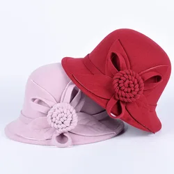 Women's Hat 2026 Spring Autumn Ladies Church Bowler Hats Elegant Wool Fedora Hat Flower Vintage Felt Cap Red Pink White Fedoras