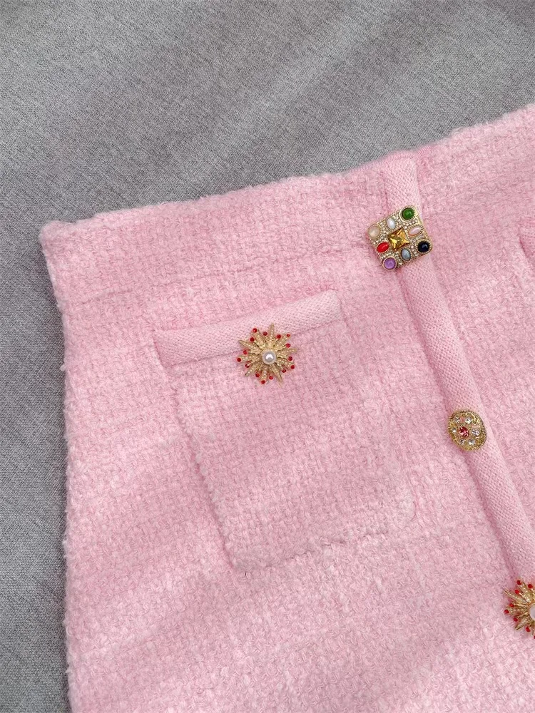 Alta qualidade moda rosa conjunto de malha feminina elegante manga curta cardigan topos ou temperamento magro mini saia senhoras